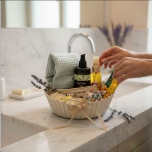 Wellnesskorb Kathy Glow im Detail - Geschenkkorb mit Könerkissen, Pflegeprodukten und liebevollen Extras